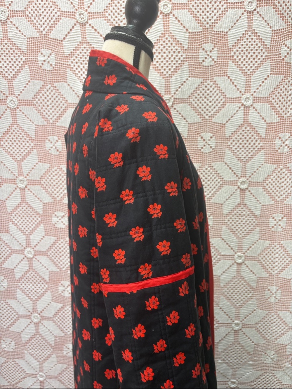 Vintage Black & Red Floral Quilted Duster Robe – Gothic Prairie - Picture 8 of 13